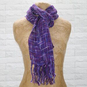 AMANDA BLU Scarf Knit Woven Lightweight Winter Plaid Fringe Purple Long Skinny